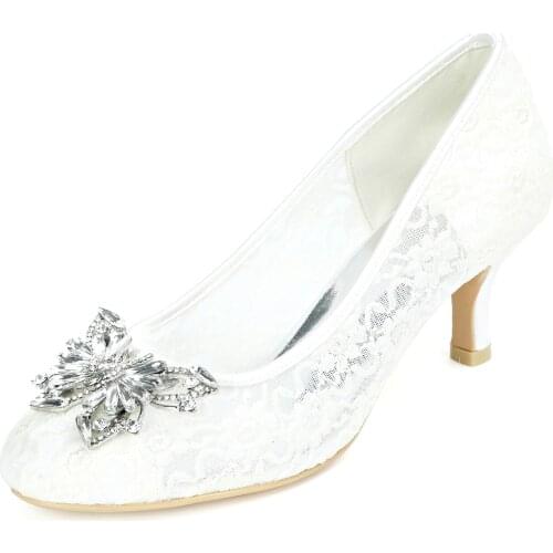 2021 New Small Heels Rounded Toe See Through Lace Lady Dress Shoes Bridal Wedding Prom Pumps Butterfly Crystal Brooch Slip on