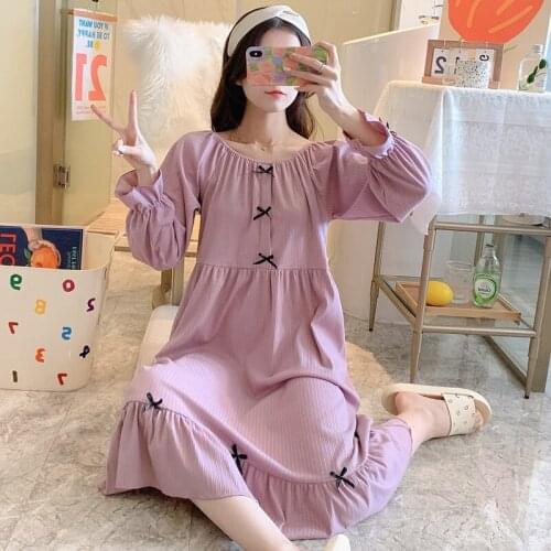 2021 Autumn Sweet Princess Cotton Long Dress Nightgown for Women Korean Long sleeve Sleepwear Night Dress Nightdress Home Nighty