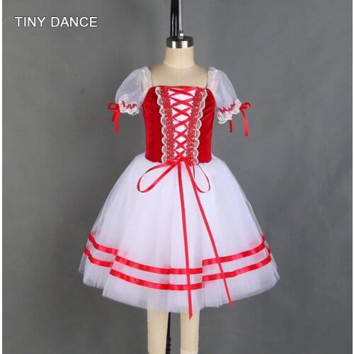 White Puff Sleeves Ballet Dance Tutu Leotard Dress Red Velvet Bodice with White Romantic Tutu Skirt Ballerina Dress Girl 21002