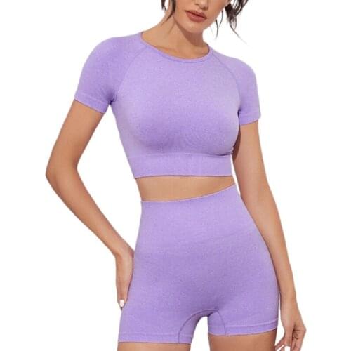 Seamless Sport Set 2 Piece Yoga Set High Waist Running Yoga Shorts Short Sleeve Crop Top Fitness Sportswear Tracksuit Women