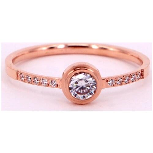 Shiny Round Crystal Ring Stainless Steel Rose Gold Color Woman Wedding Ring Birthday Gift Lover Love Ring Wholesale R718