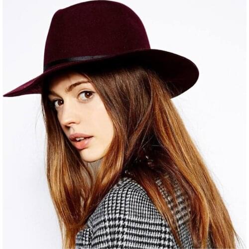 Felted Fedora hat 100% Wool Womens Wine-red Trilby felted Panama Ladies Cap