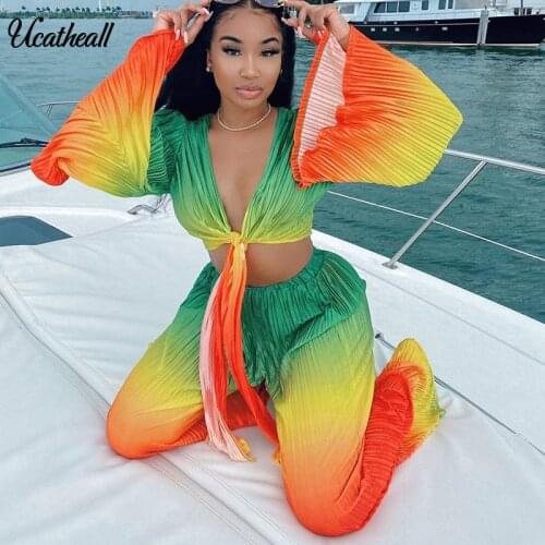 Pleated 2 Piece Set Deep V Crop Top Elastic Waist Pants Loose Flare Sleeve Top Blouse +wide Leg Pants Women Two Piece Sets