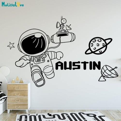 Cute Baby Astronaut Personalized Wall Decals Space Exploration Boys Room Decor Removable Nursery Rocket Sticker Gift YT6115