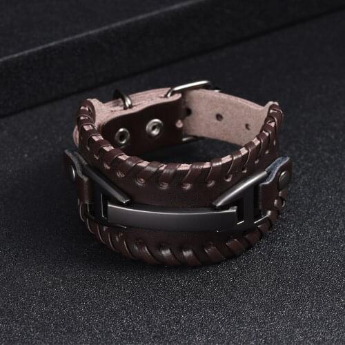 Punk Mens Cowhide Leather Bracelet Adjustable Charm Woven Leather Bracelet Mens Bracelet