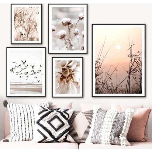 Beige Sand Seagull Reed Flower Quote Wall Art Canvas Painting Nordic Posters And Prints Wall Pictures For Living Room Home Decor