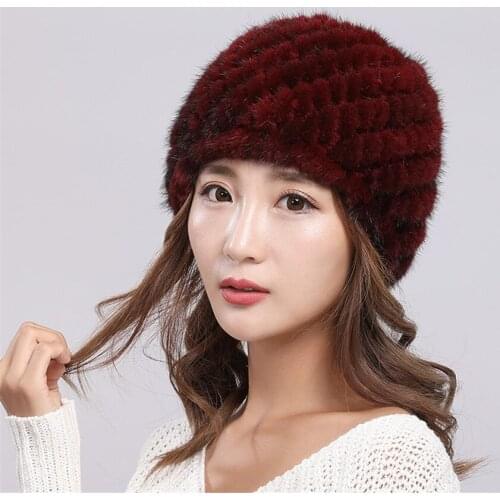 Winter New Hats For Women Real Mink Fur Hat Female Thicken Splice Color Internal Knitting Beanies Warm Ear Protection Cap