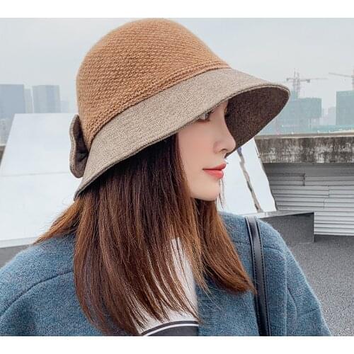 Fashion Women Knitted Bucket Hats Autumn Winter Female Bow Hat Plus Fleece Fisherman Hat Outdoor Ladies Knit Panama Hats