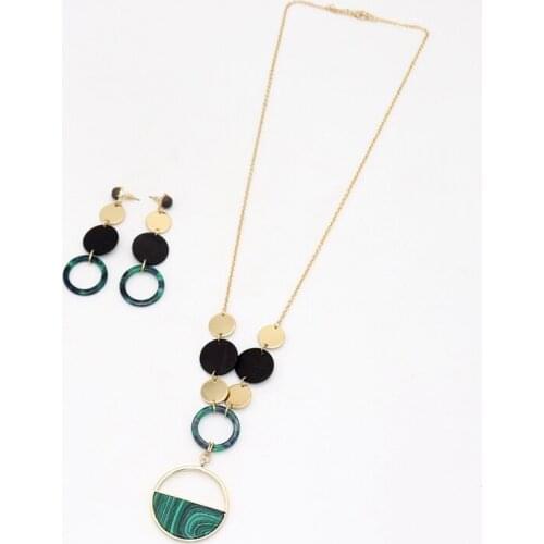 New Fashion Multi Disc Chain Geometric Half Round Green Marble Pendant Y Shaped Necklace Pendant