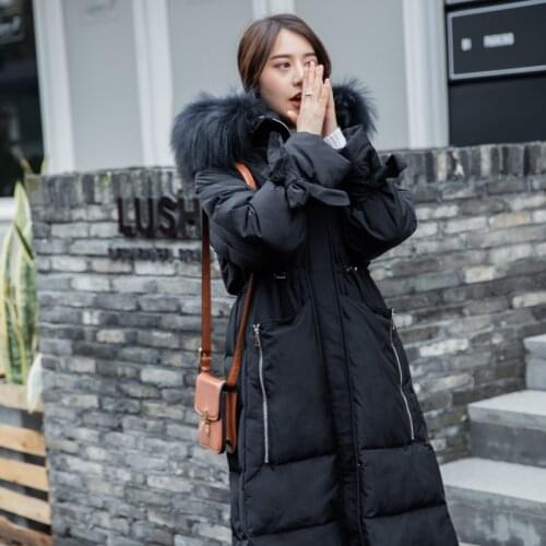 2020 Winter New Big Fur Collar Pike down Jacket Womens Mid-Length Loose Waist Trimming Coat