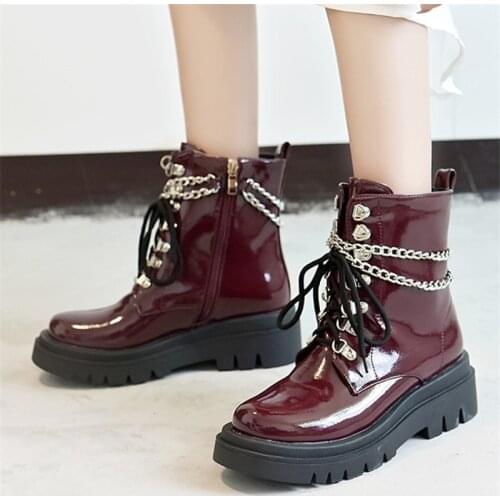 PXELENA 2020 Winter Metal Chain Motorcycle Boots Women Patent Leather Lace Up Chunky High Heels Platform Biker Punk Gothic Boots