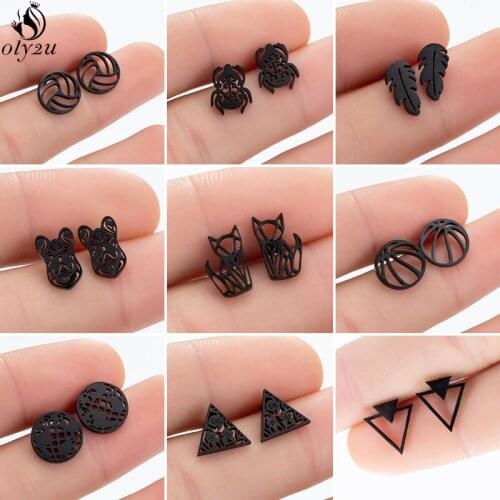 Stainless Steel World Map Stud Earrings Women Men Hip hop Black Fox Leaf Triangle Earings Fashion Jewelry Best Gift for Friends