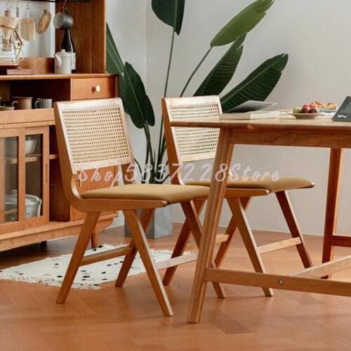 Nordic Rattan Solid Wood Chair Simple Household Modern Cherry Wood Back Dining Chair Japanese Medieval Furniture Make-up Chair