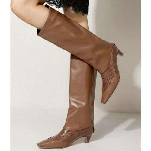 2021 New Women Knee High Boots Fashion Square Toe Slip on Ladies Calf Boots High Quality Faux Leather Women Square Heel Boots