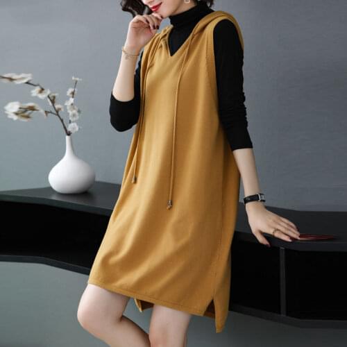 Autumn Winter New Loose Sleeveless Sweater Dress Women Vest Sweaters Knitting Long Vests Knitted Hooded Pullover Dress Y667