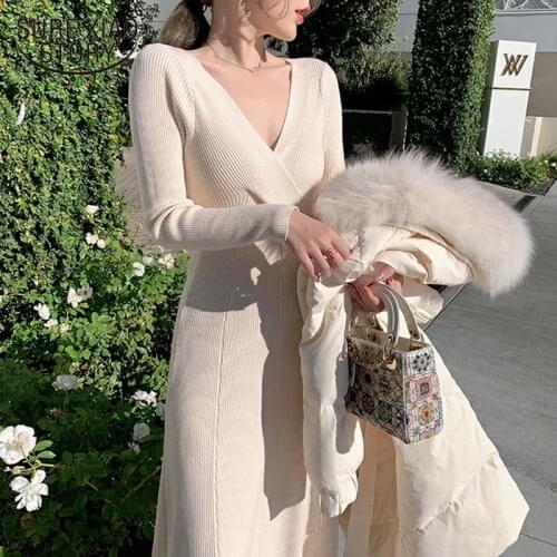 Vintage V-neck Elegant Long Sleeve High Waist A-Line Midi Knitted Dress Sexy Deep French Style White Womens Dress Vestido 11734