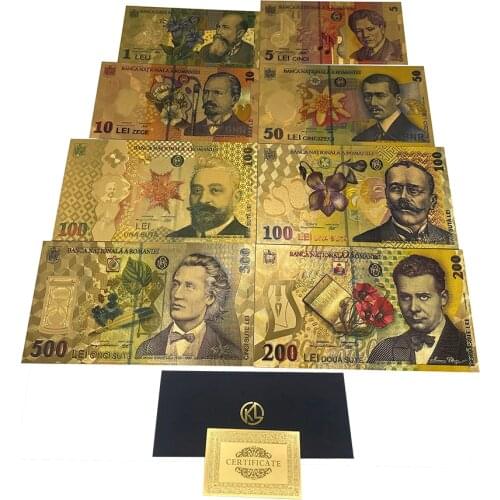 10 Design Romanian 1 5 10 50 100 200 500 Lei Gold Banknotes for Business Gifts and Collection