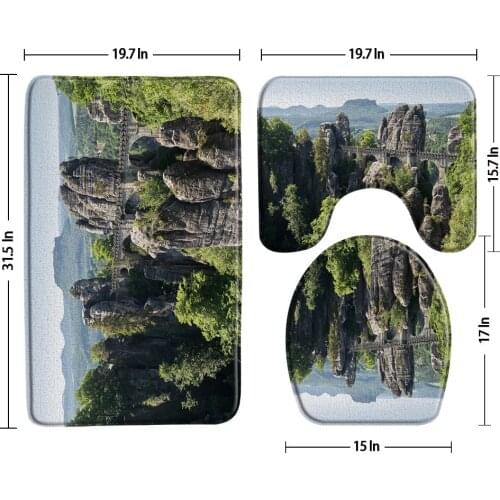 Stone Rock Bridge Forest Scenery Bath Mat 3 Piece Set Bathroom Carpet Water Absorb Non Slip Washable Rug Toilet Cover Bath Decor