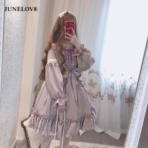 Alice In Wondeland Cute Women Lolita OP Dress Flouncing Lace Trim Japanese Harajuku Long Sleeves Doll Teen Dress Fairy Vestidos