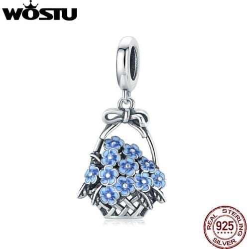 WOSTU 2020 Arrival 925 Sterling Silver Blue Flower Charms Blue Basket Beads For Women Fit Making Bracelets Fine Jewelry DXC1717