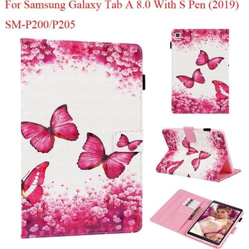 For Samsung Galaxy Tab A 8.0 With S Pen 2019 SM-P205 P200 Case Cute 3D Cartoon Unicorn Bear Cover PU Leather Protective Shell