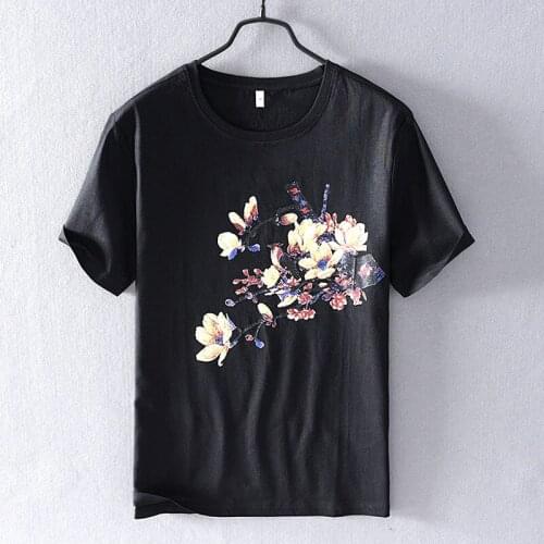 Boys Linen T-shirt Graphic Tee Tops Chinese Summer Casual Cotton Flower Floral Print Tee Shirt Men Black Oversized Tshirts Xxxl