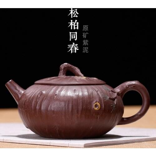 Yixing Purple Sand Pot Raw Mine Purple Mud Pine and Cypress Tongchun Stake Pot Flower Pure Handmade Teapot New Wholesale