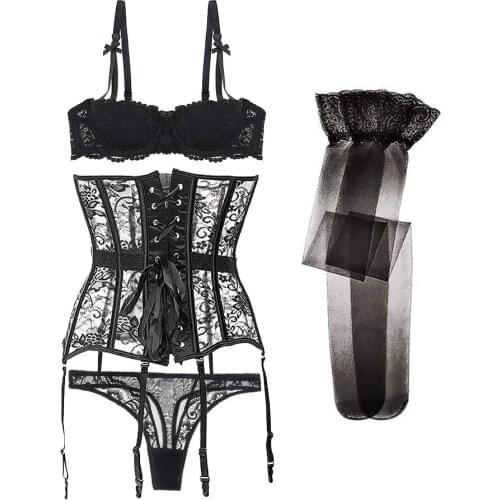 Women multi-piece lingerie set sexy push up half cup bra with multi-breasted lace breathable shapewear bra+shapewear+thong 4pcs