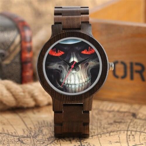 Creative Skull Face Quartz Mens Wood Watch Bracelet Clasp Watches Steampunk Black Nature Full Wooden Wrist Watch Fashion Clock