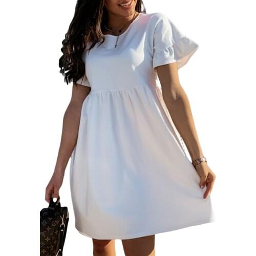 Fashion High quality Women Elegant Round Neck Smock Dress Short Sleeve Solid Color Ruffle Pleated Hem Casual Party Club Dress