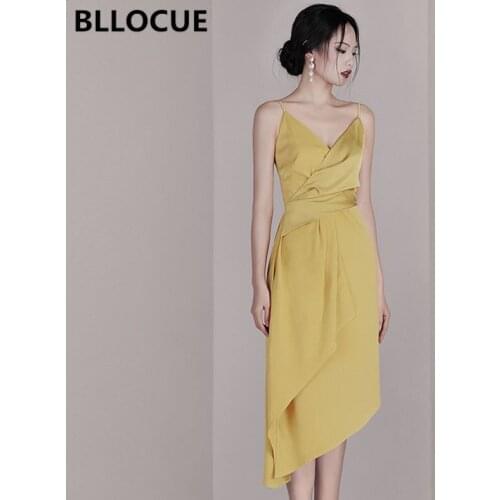 BLLOCUE Fashion V Neck Spaghetti Strap Dresses 2019 Summer Women Sexy Sleeveless Backless Asymmetry Split Dresses