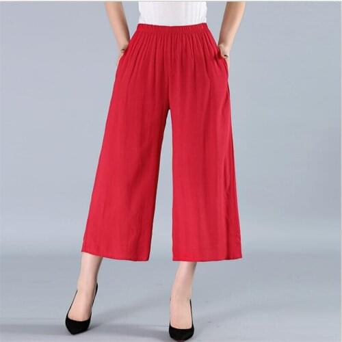 Fashion Womens Cotton Pants Thin Comfortable Loose Wide Leg Pants Vintage Ankle-Length Pants Females Palazzo Plus Size M-7XL