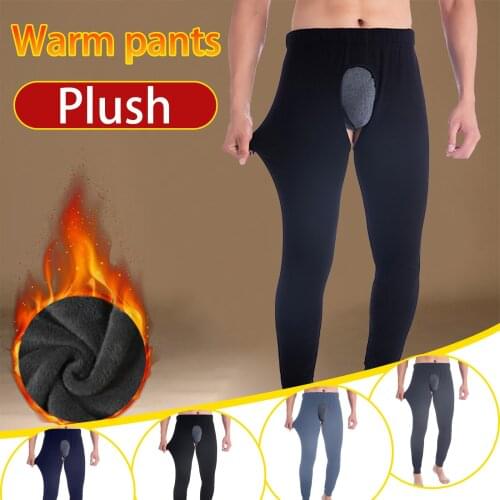 Mens Winter Thermal Underwear Solid Color Open Flannel Thickened Slim Body Legging Tight Undershirts Thermal Long Pants