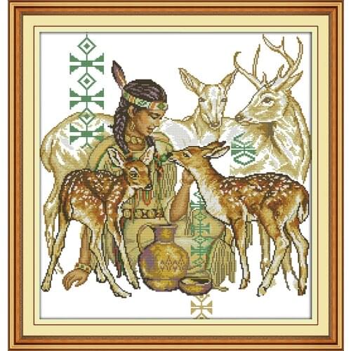 Joy Sunday A maiden feeding a deer Printed Canvas DMC Counted DIY Chinese Cross Stitch Kits printed Embroidery Needlework