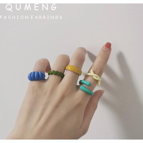 QUMENG 2021 Creative Unique Trend Colorful Alloy Lrregular Geometrical Opening Ring Set Women Girl Travel Party Jewelry Gift