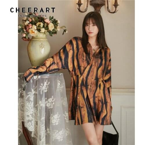 CHEERART Hawksbill Oblique Button Up Shirt Dress Women Brown Batwing Sleeve Mini Dress Autumn 2020 Korean Fashion Clothing
