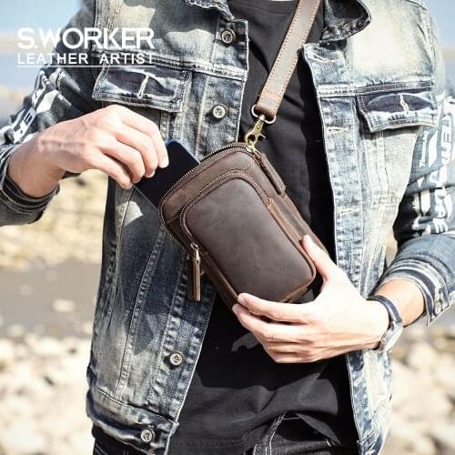 S.WORKER Vintage Genuine Leather Mini Mens Shoulder Bag Crossbody Chest bag Crazy Horse Cowhide WomenFashion Mobile Phone Bag