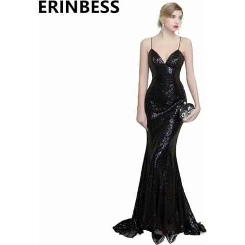 Sexy Deep V Neck Black Mermaid Evening Dresses Sequined Sweep Train Backless Formal Evening Gowns Dresses Vestido De Festa