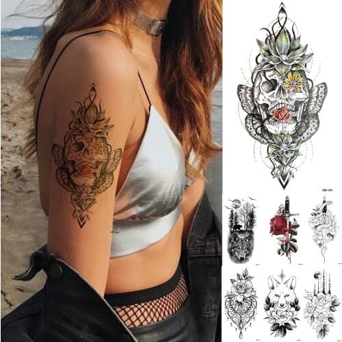 Waterproof Temporary Tattoo Sticker Flower Skull Wolf Flash Tattoos Owl Buddha Fox Body Art Arm Fake Tatoo Women Men