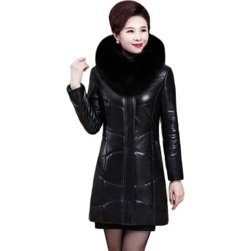 2021 Middle aged Womens Leather Jacket Winter New Thicken Warm Mid-length PU Leather Coat Female Outerwear Plus Size 8XLA1215