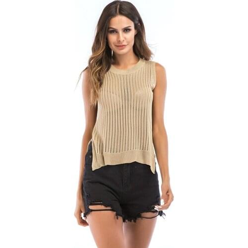 Womens 2019 New Knit Shirt Round Neck Sexy Fashion Casual Thin Knit Openwork Vest Hem Slit Sleeveless T-Shirt