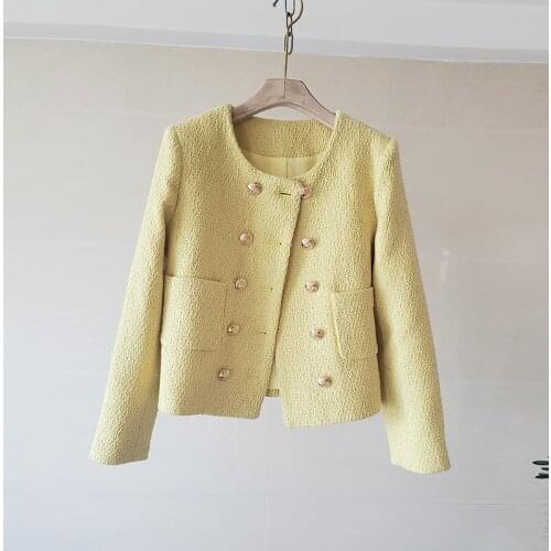 Double Breasted Autumn Tweed Jackets Women O-Neck Long Sleeve Yellow Woolen Jacket Coats Pockets Plaid Tweed Jackets C415
