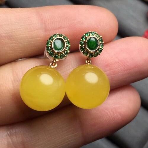 Fine Jewelry Real 18k G18K Solid Rose Gold Diamonds Natural Burmes Green Jade Nature Amber Gemstone Aretes Women Stud Earrings