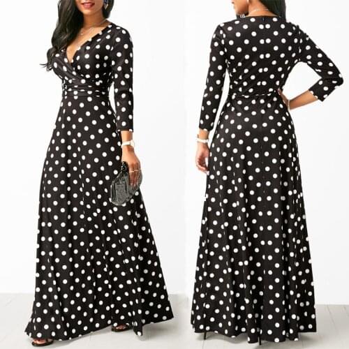 Women Bohemia V-neck Long Maxi Dresses Three Quarter Sleeve Dots Print Summer Beach Female Stylish Style Dress