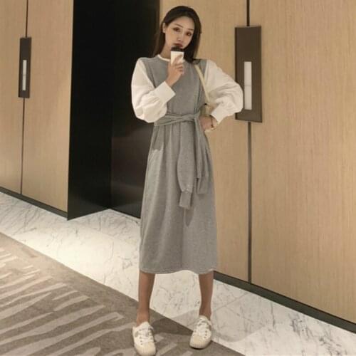 2021 New Women French Spring Fake Two Pieces Long Sweater Dress Sashes Lantern Sleeve Knitted Pullover Jumper Dresses