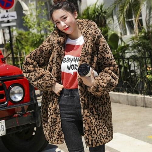 2020 Women Winter Women Female Winter Plush Outerwear Medium-length Leopard Print Hooded Faux Fur Coat