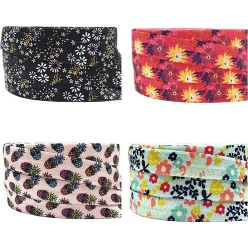 10yards 15mm flowers pineapple transfer Printed fold over elastic FOE Ribbon Spandex Band sewing supplies clothing accessories