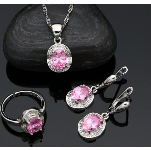925 Sterling Silver Bridal Jewelry Set Pink Cubic Zirconia Adjustable Ring Pendant Chain Earrings for Woman Wedding