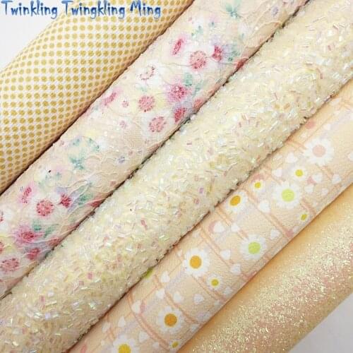 Beige Glitter Fabric, Flowers Lace Glitter Fabric, Dots Flowers Synthetic Leather For Bow A4 21x29CM Twinkling Ming KM010