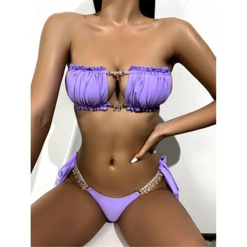 Bikini Women Solid Purple Off Shoulder Strapless Pleat Swimsuit Metal Chain Bathing Suit Bandgae Thong Swimwear